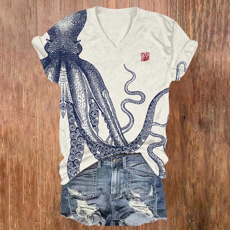 Japanese Art Octopus Art Print T-shirt - Beige - US32-34(5XL) - image 1