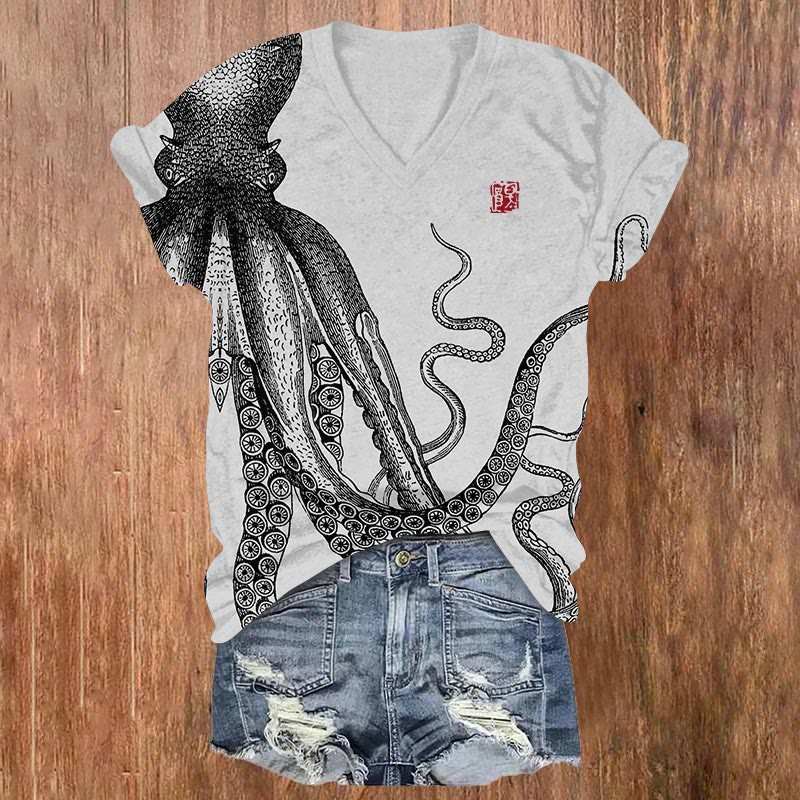 Japanese Art Octopus Art Print T-shirt - Grey - US32-34(5XL) - image 2