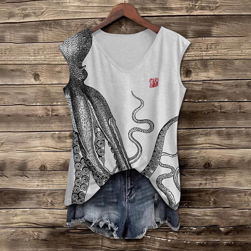 Japanese Art Octopus Print V-neck Tank Top - Grey - 5XL - image 1