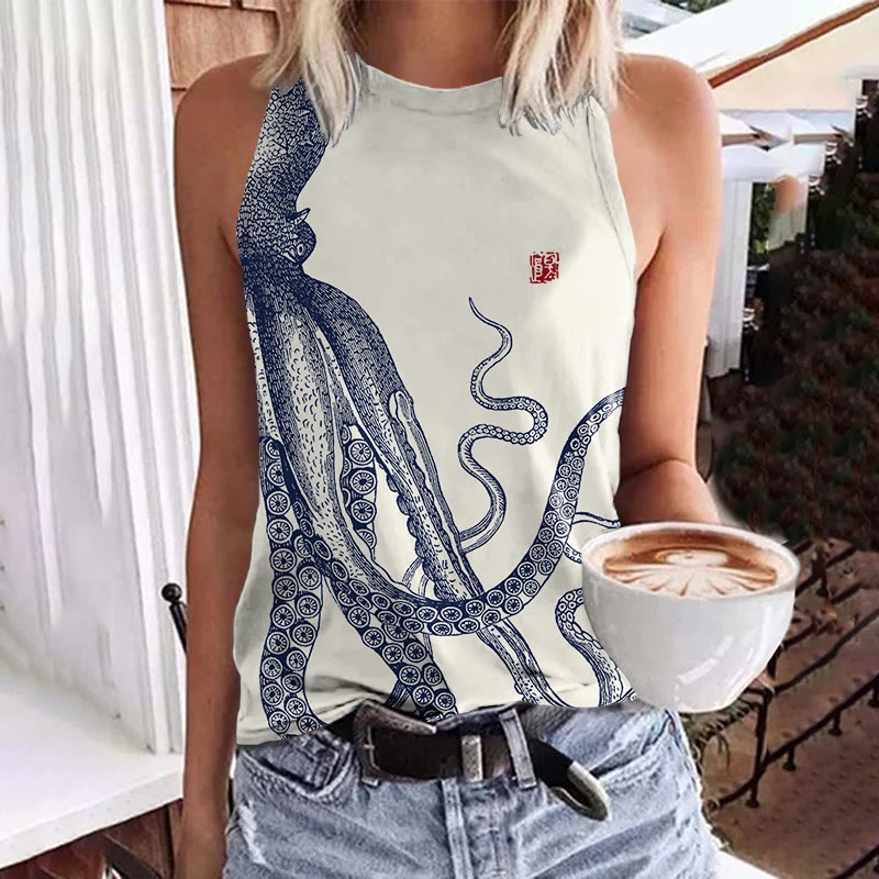 Japanese Style Octopus Print Crew Neck Tank Top - Beige - 5XL - image 1