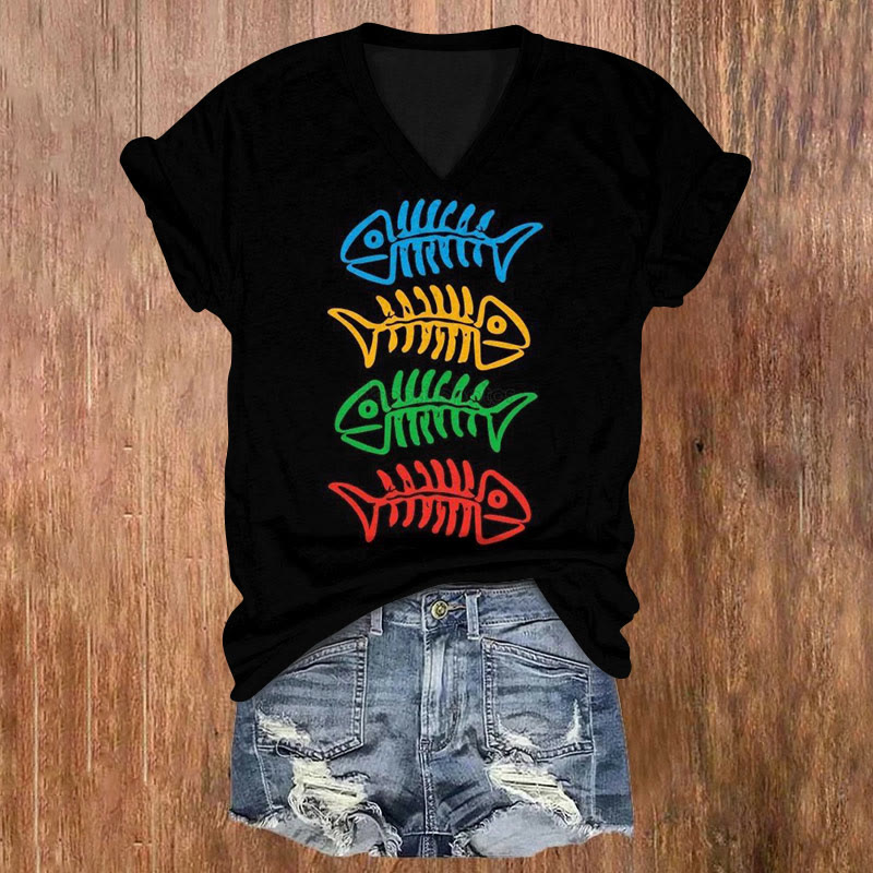 Colorful Fishbone Print T-shirt - Black - US32-34(5XL) - image 1