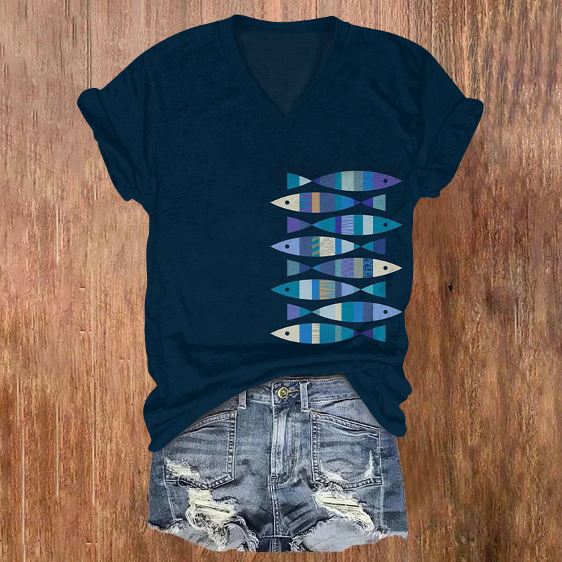 Ethnic Geometric Fish Print T-shirt - Dark Blue - US32-34(5XL) - image 1