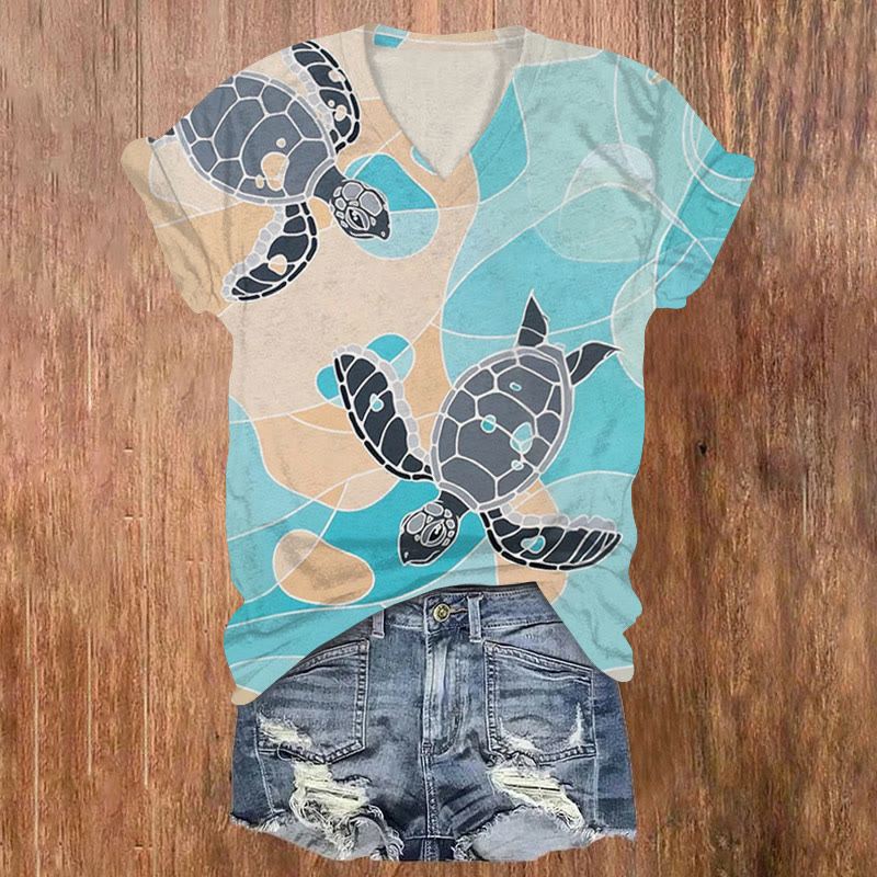 Geometric Colorblock Turtle Print T-shirt - Blue - US32-34(5XL) - image 1