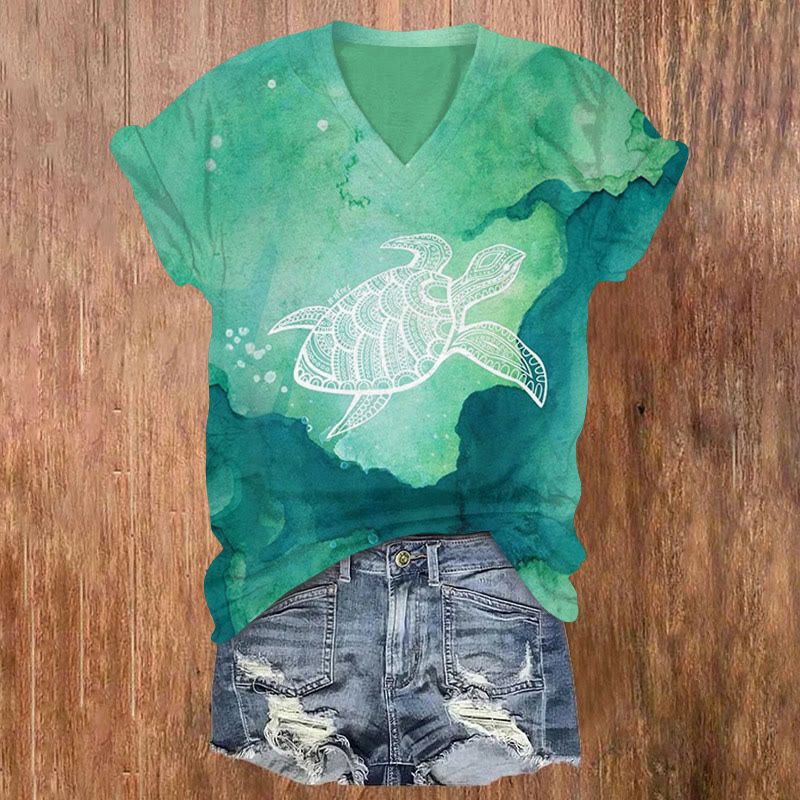 Watercolor Smudge Turtle Print T-shirt - Green - US32-34(5XL) - image 1