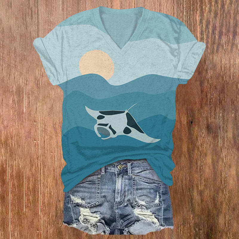 Japanese Colorblock Ray Print T-shirt - Blue - US32-34(5XL) - image 1