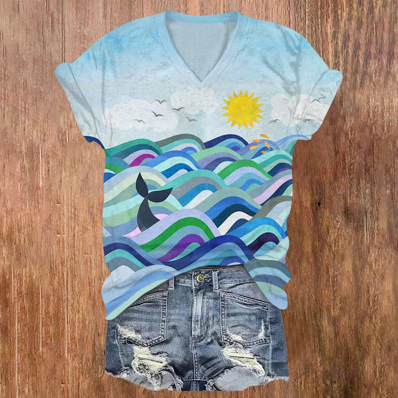 Geometric Wavy Whale Tail Print T-shirt - Blue - US32-34(5XL) - image 1