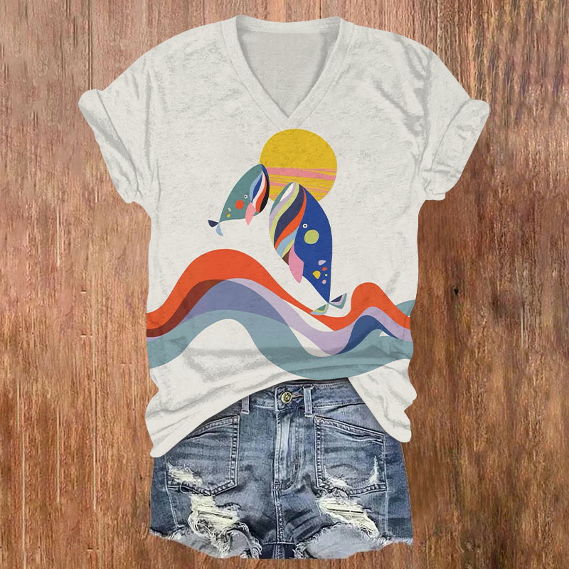 Colorblock Whale Jumping Out Of The Sea Print T-shirt - Beige - US32-34(5XL) - image 1