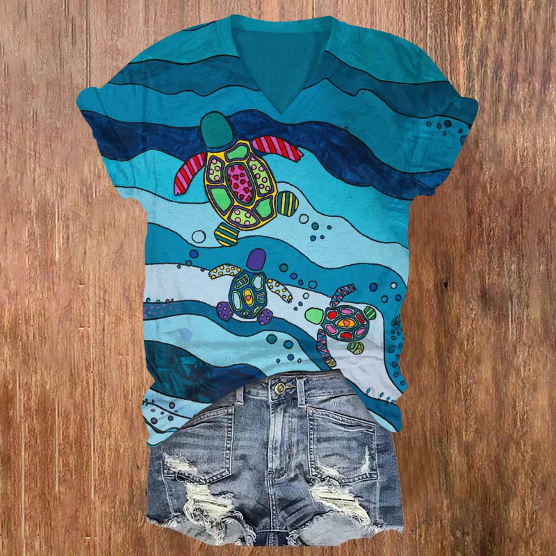 Geometric Ethnic Turtle Print T-shirt - Blue - US32-34(5XL) - image 1