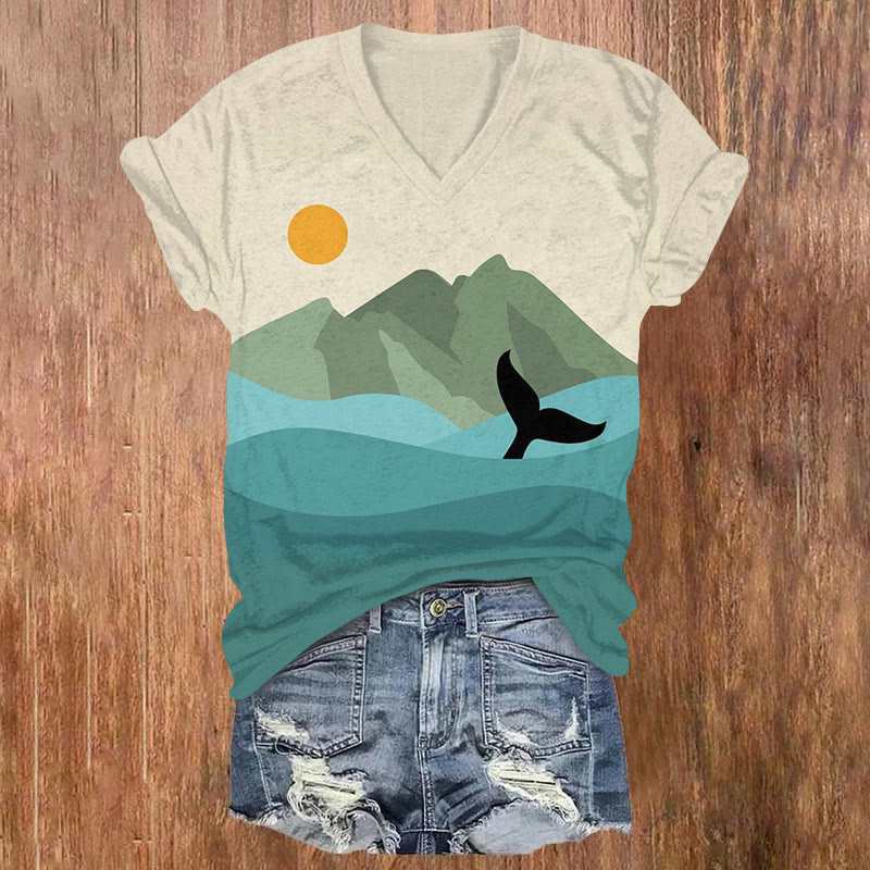 Japanese Geometric Whale Tail Print T-shirt - Beige - US32-34(5XL) - image 1