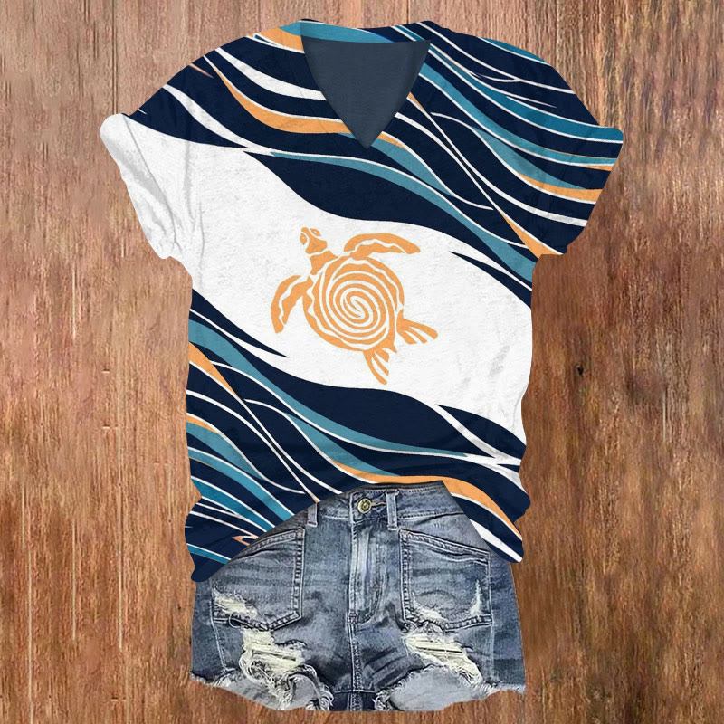 Geometric Wave Japanese Turtle Print T-shirt - Blue - US32-34(5XL) - image 1