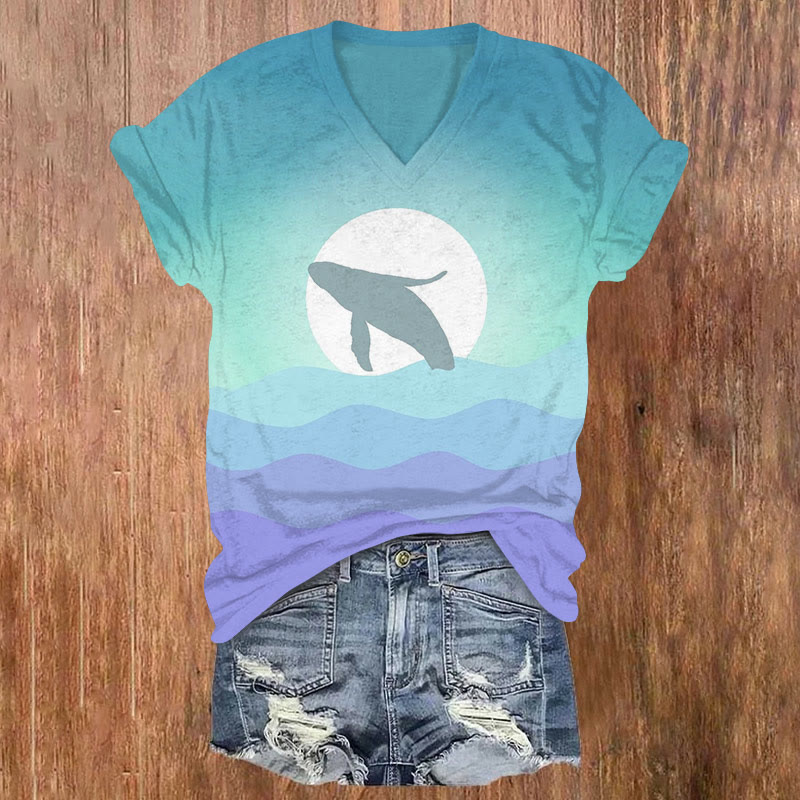 Ombre Geometric Whale Print T-shirt - Blue - US32-34(5XL) - image 1