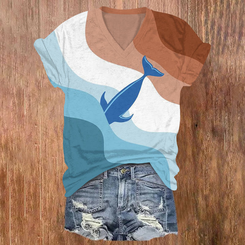 Geometric Wave Whale Contrast Color Print T-shirt - Blue - US32-34(5XL) - image 1