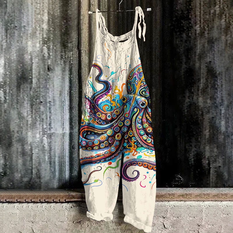 Vintage Rainbow Octopus Art Print Casual Jumpsuit  - Beige - 5XL - image 1