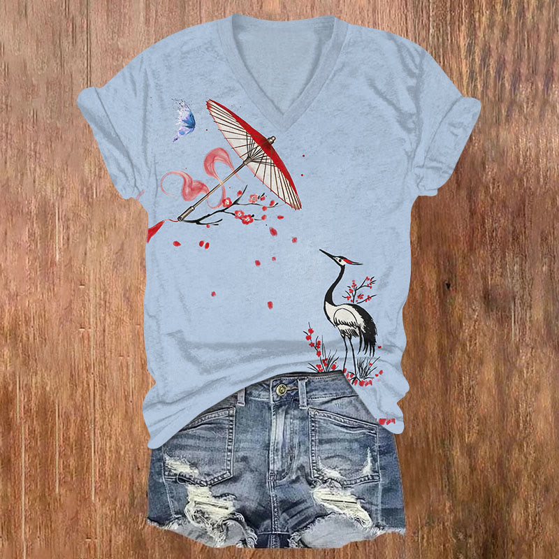  Japanese Sakura Crane & Butterfly Umbrella Art T-shirt - Blue - US32-34(5XL) - image 1