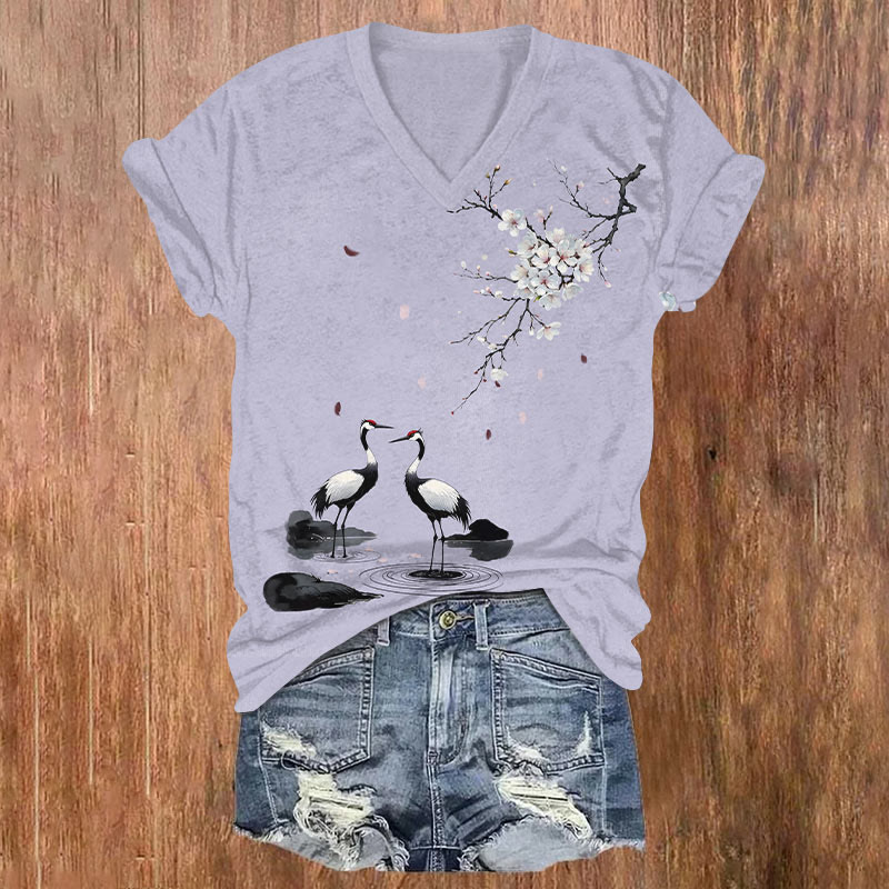 Japanese Sakura & Couple Cranes Art T-shirt - Purple - US32-34(5XL) - image 1