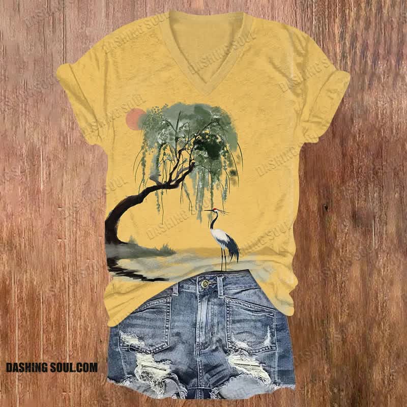 Japanese Watercolor Willow & Crane Art T-shirt