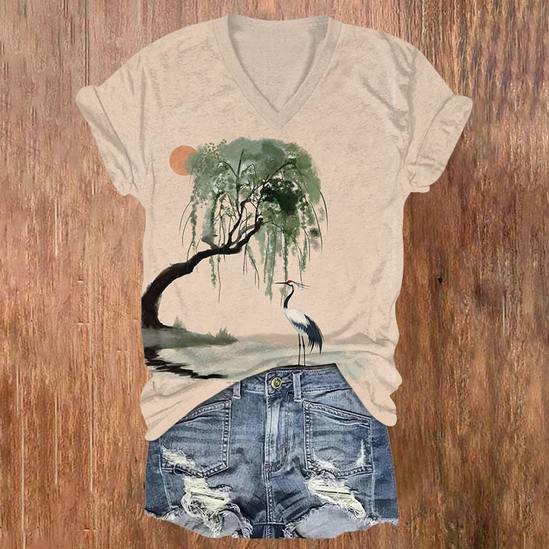 Japanese Watercolor Willow & Crane Art T-shirt - Apricot - US32-34(5XL) - image 1