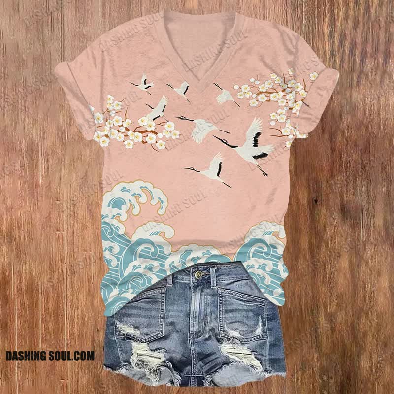 Japanese Wave & Sakura Cranes Art T-shirt