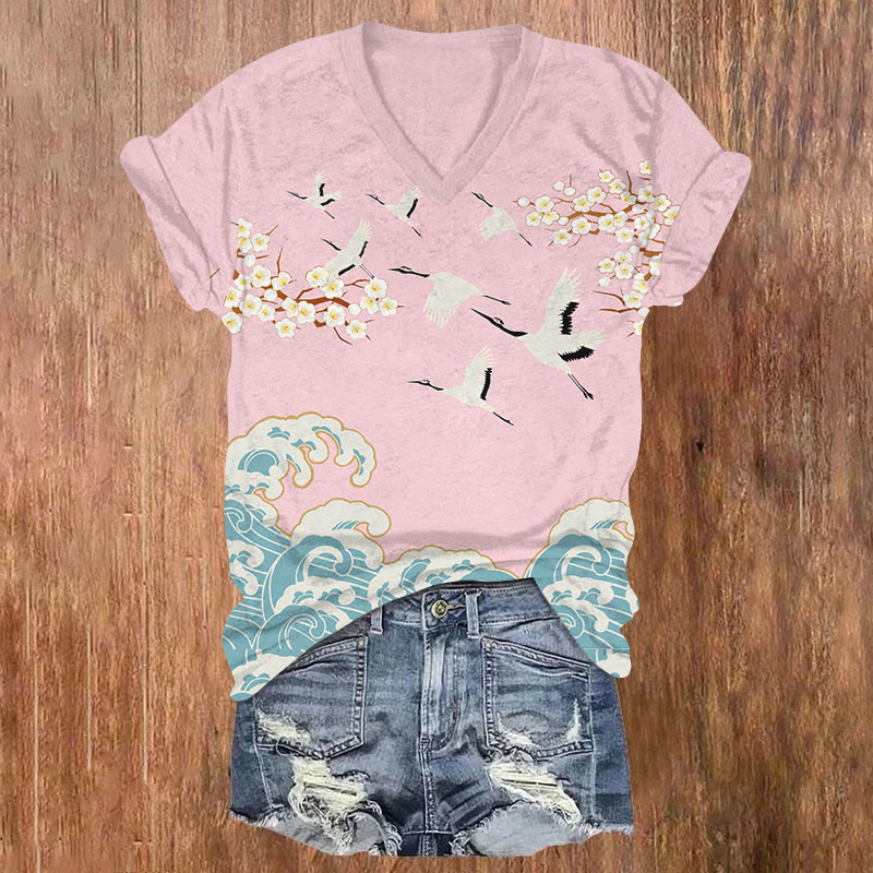 Japanese Wave & Sakura Cranes Art T-shirt - Pink - US32-34(5XL) - image 1