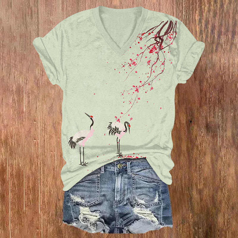 Japanese Crane Under Sakura Tree Art T-shirt - Green - US32-34(5XL) - image 1