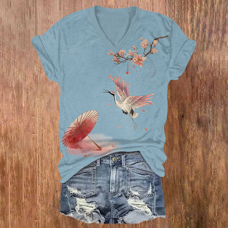 Japanese Flying Crane & Sakura Umbrella Art T-shirt - Blue - US32-34(5XL) - image 1