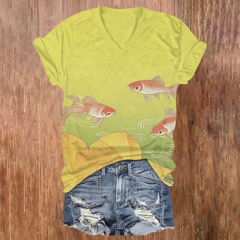 Lotus & Koi Japanese Art Print V-neck T-shirt - Yellow - US32-34(5XL) - image 2