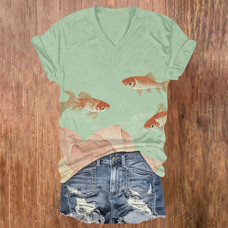 Lotus & Koi Japanese Art Print V-neck T-shirt - Light Green - US32-34(5XL) - image 1
