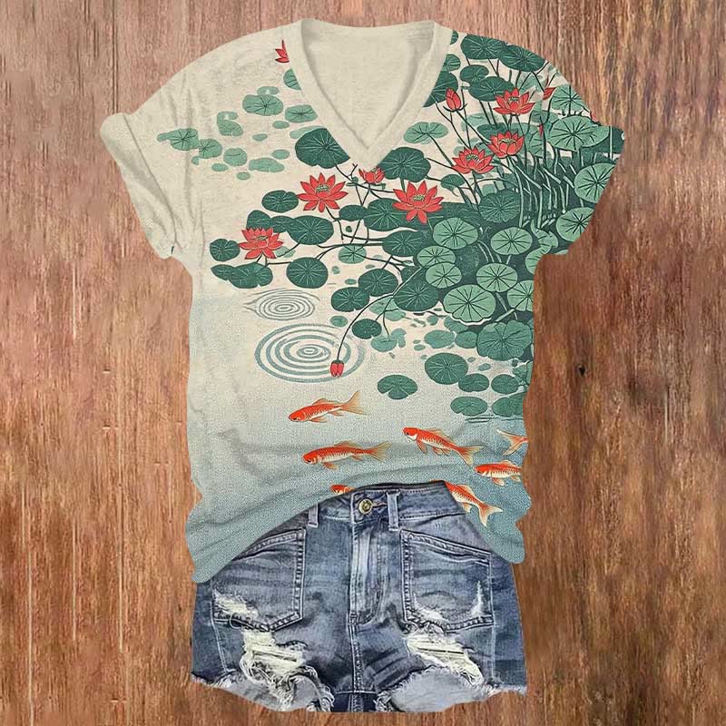 Artistic Lotus Pond & Goldfish Art Print V-neck T-shirt - Apricot - US32-34(5XL) - image 1