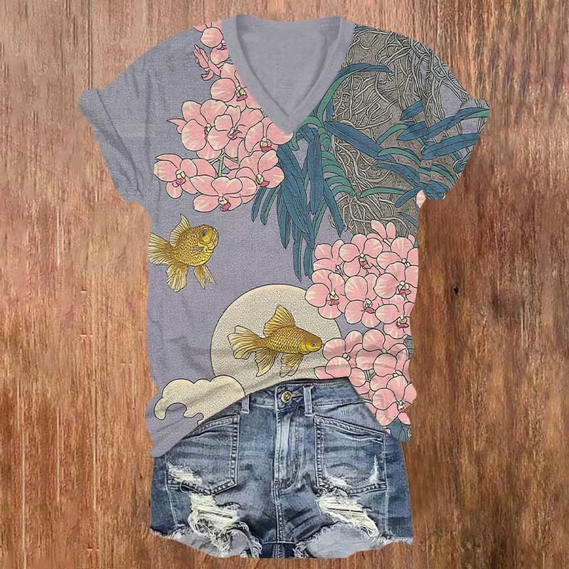 Orchids &goldfish Art Print V-neck T-shirt - Purple - US32-34(5XL) - image 1