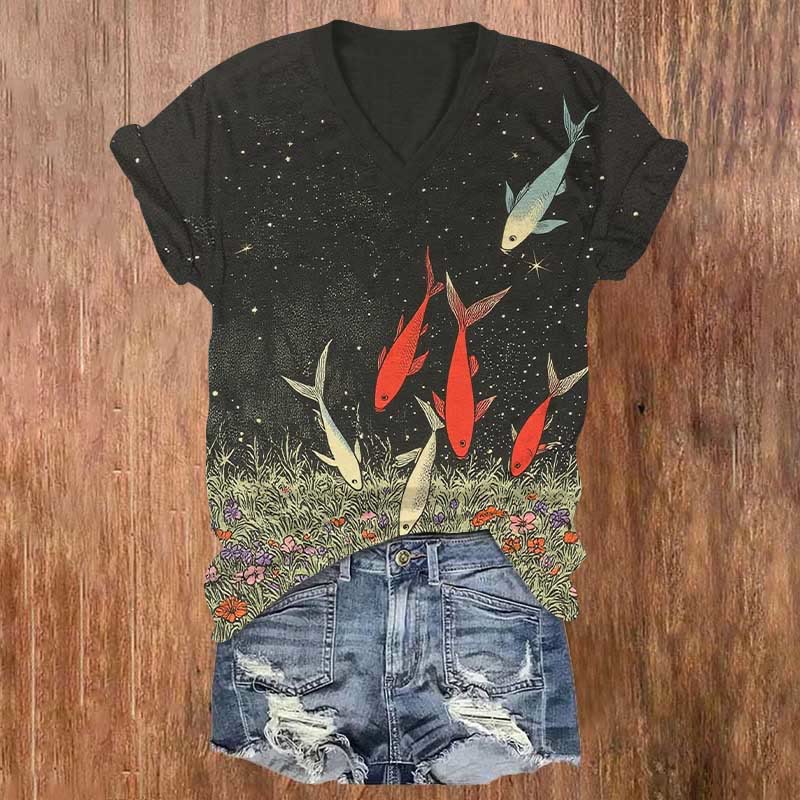 Starry Koi Night Art Print V-neck T-shirt - Black - US32-34(5XL) - image 1
