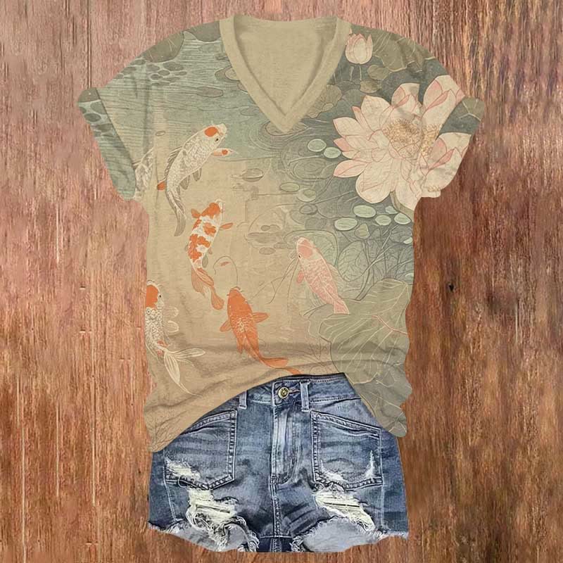 Tranquil Koi Pond Vintage Lotus Art Print V-neck T-shirt - Apricot - US32-34(5XL) - image 1