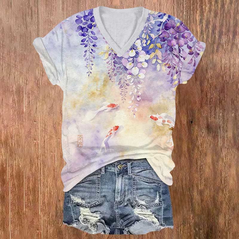 Watercolor Wisteria & Koi Art Print V-neck T-shirt - Purple - US32-34(5XL) - image 1