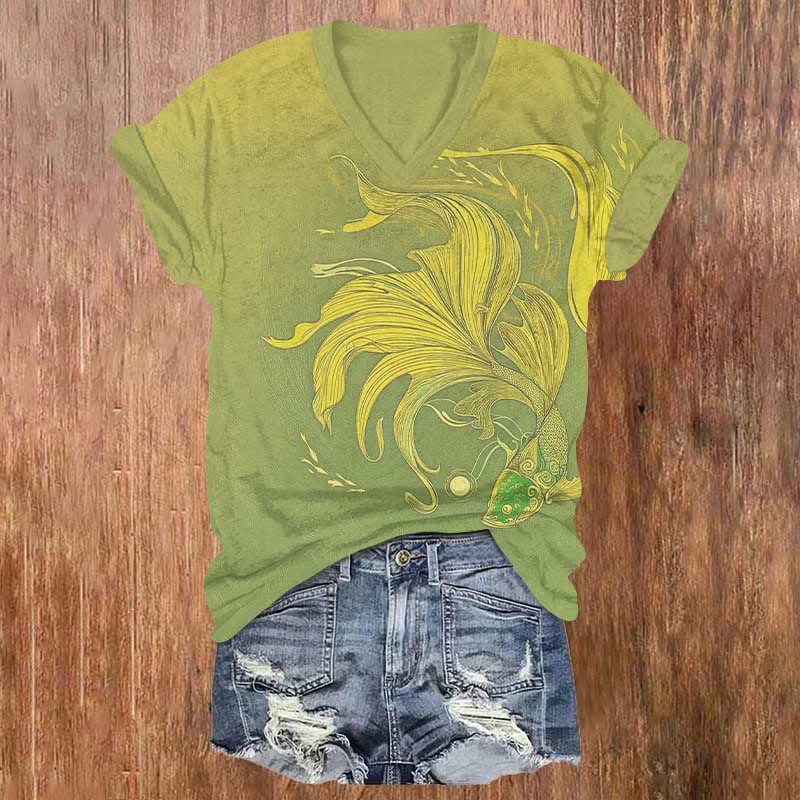 Flowing Goldfish Design Art Print V-neck T-shirt - Yellow - US32-34(5XL) - image 1