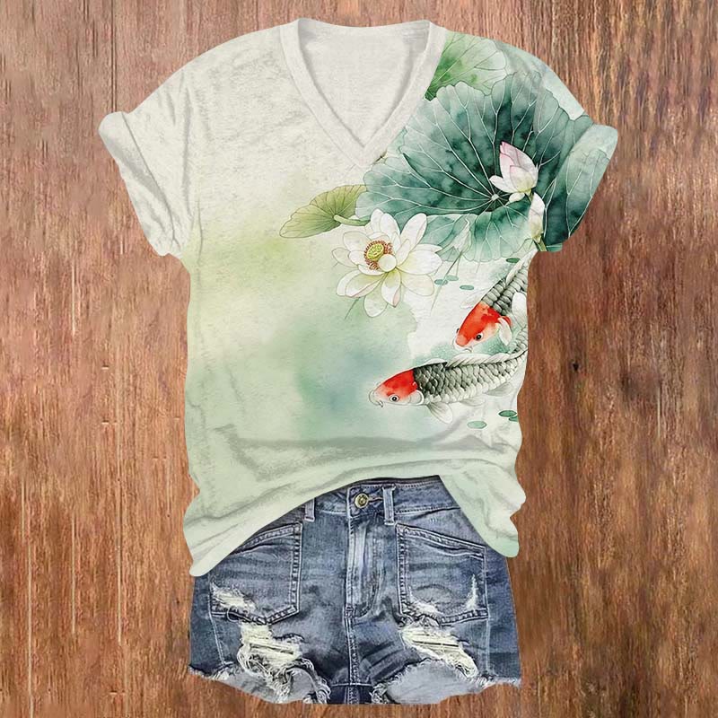 Japanese Watercolor Lotus & Koi Art Print V-neck T-shirt - Light Green - US32-34(5XL) - image 1