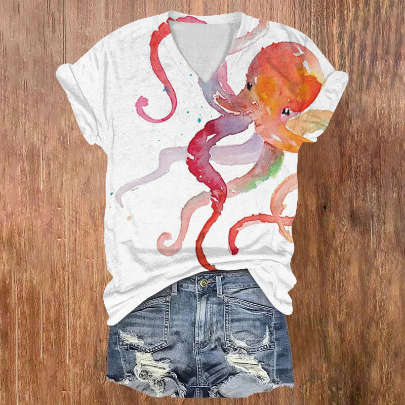 Watercolor Colorful Octopus Print V-neck T-shirt - White - US32-34(5XL) - image 1