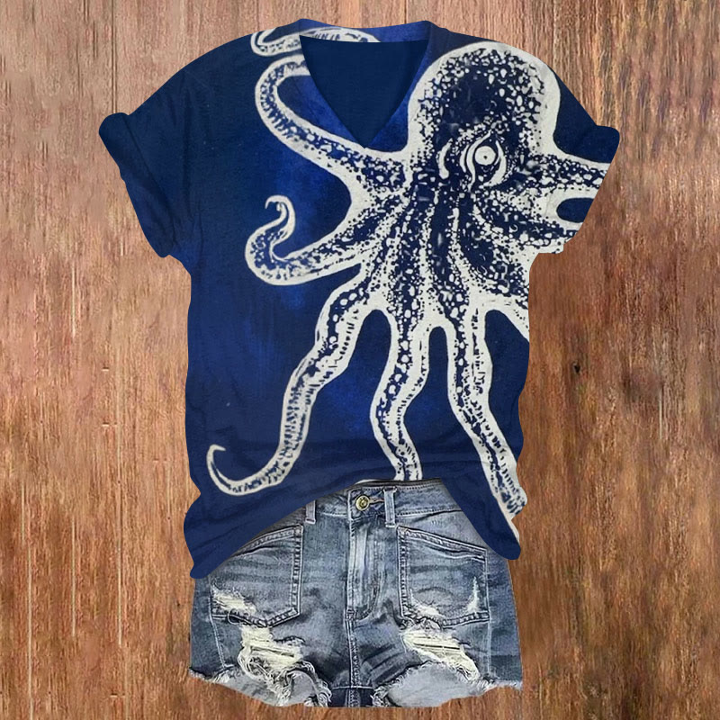 Vintage Wide-eyed Octopus Print V-neck T-shirt - Dark Blue - US32-34(5XL) - image 1