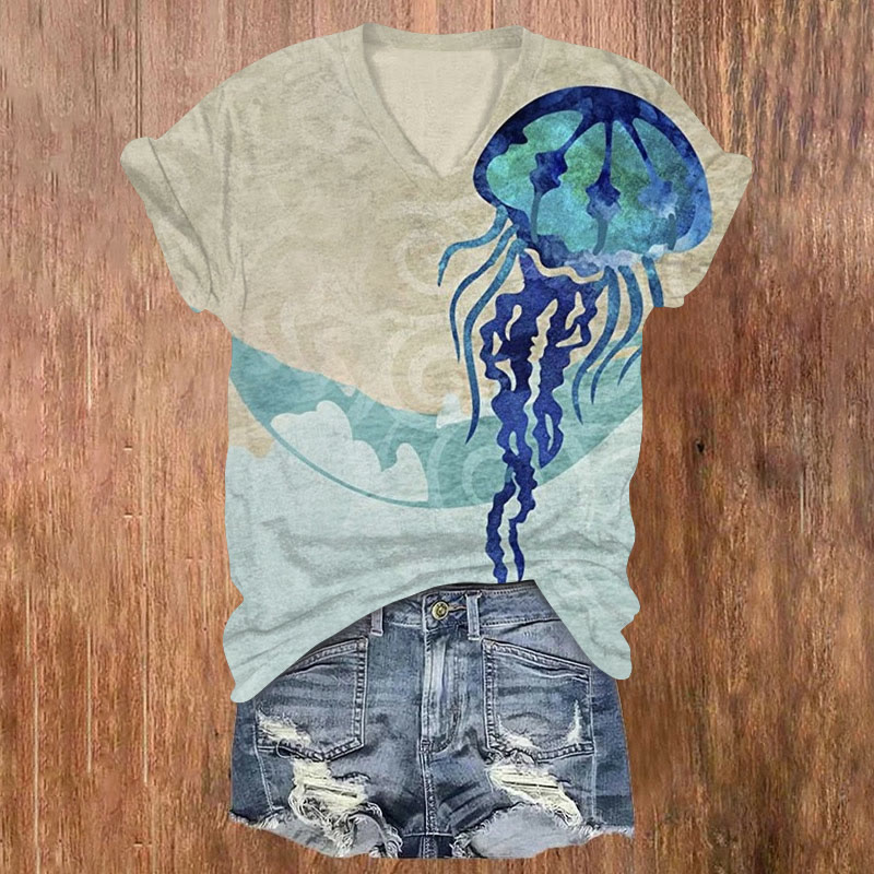 Vintage Distressed Contrasting Jellyfish Print V-neck T-shirt - Lake Blue - US32-34(5XL) - image 1