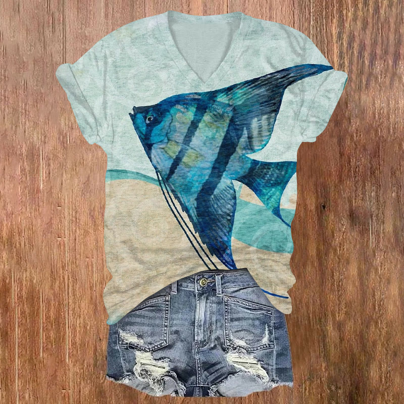 Vintage Distressed Contrasting Fish Print V-neck T-shirt - Lake Blue - US32-34(5XL) - image 1