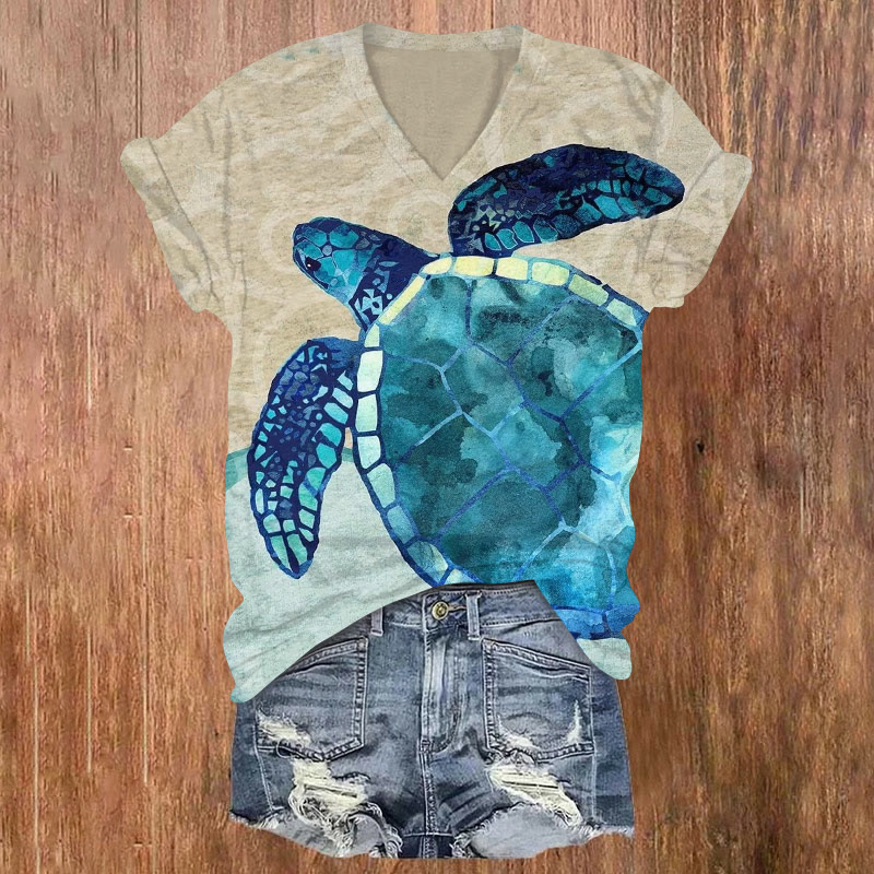 Vintage Distressed Contrasting Turtle Print V-neck T-shirt - Lake Blue - US32-34(5XL) - image 1