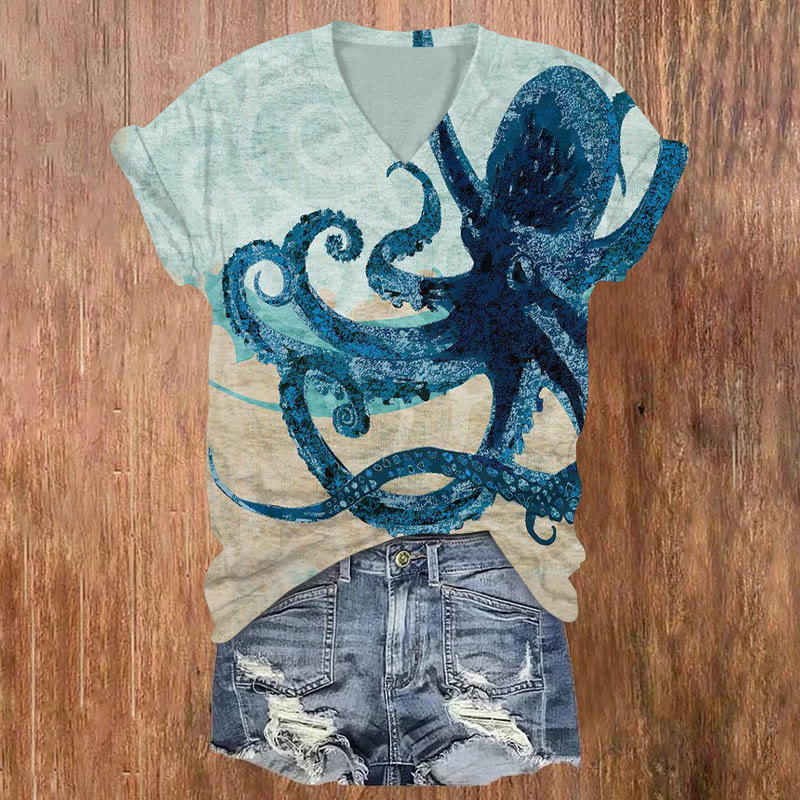 Vintage Distressed Contrasting Octopus Print V-neck T-shirt - Lake Blue - US32-34(5XL) - image 1