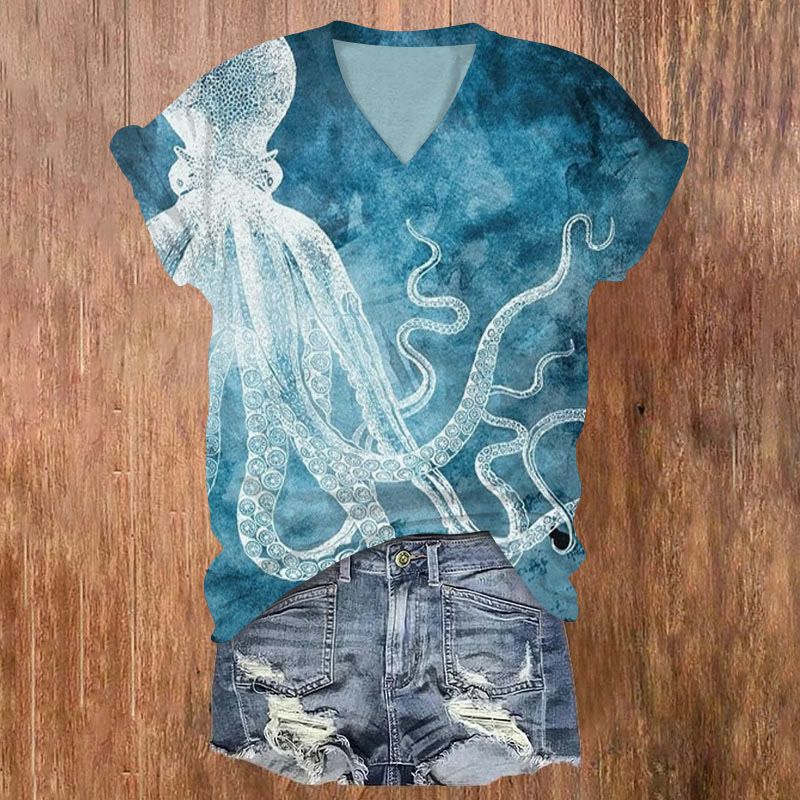 Vintage Distressed Smudged Octopus Print V-neck T-shirt - Lake Blue - US32-34(5XL) - image 1