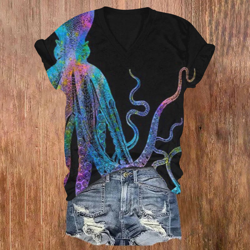Colorful Ombre Octopus Print V-neck T-shirt - Black - US32-34(5XL) - image 1