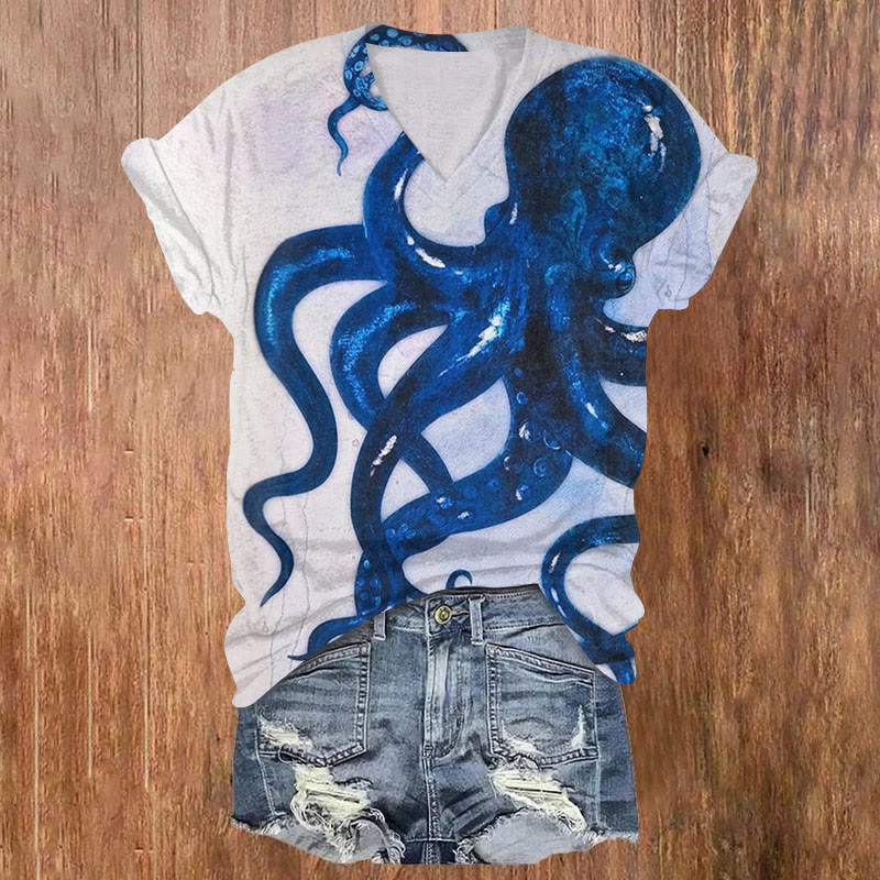 Oil Painting Octopus Smudge Print V-neck T-shirt - Blue - US32-34(5XL) - image 1