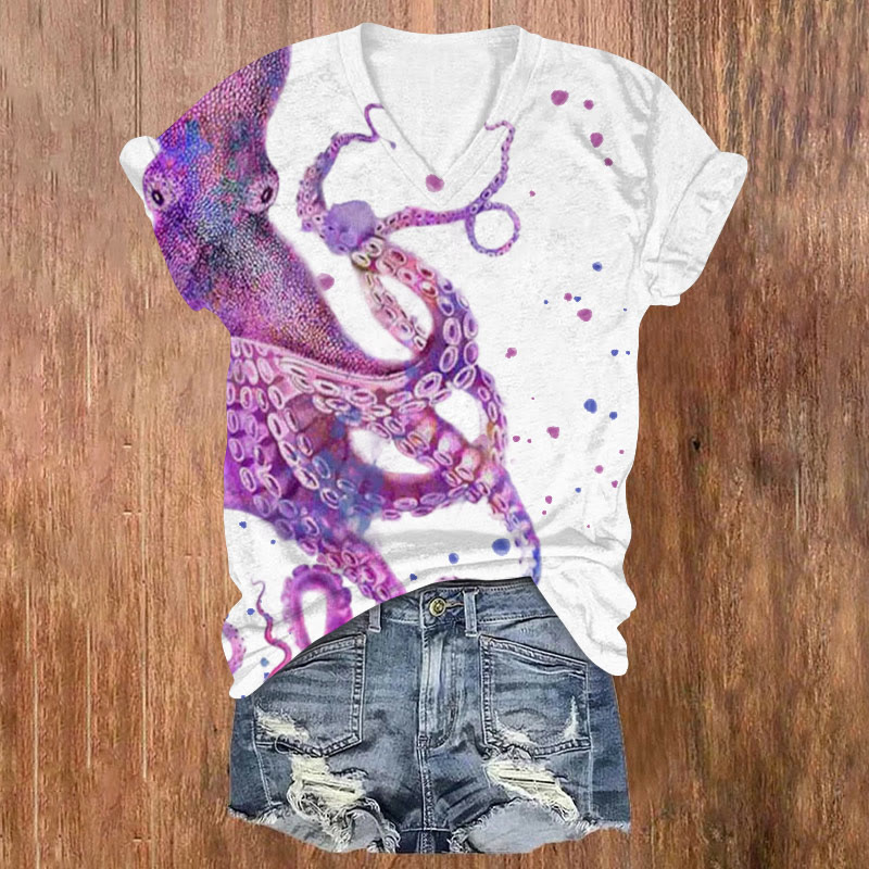 Watercolor Splash Octopus Print V-neck T-shirt - Purple - US32-34(5XL) - image 1