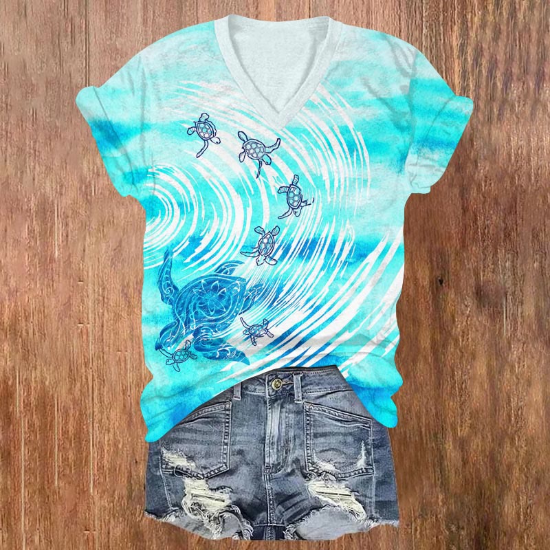 Ocean Turtle Art Print V-neck T-shirt - Blue - US32-34(5XL) - image 1