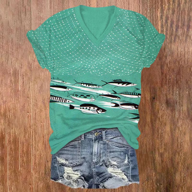 Ocean Fish Art Print V-neck T-shirt - Green - US32-34(5XL) - image 1