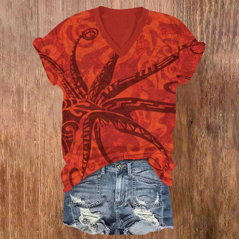 Retro Octopus Pattern Art Print V-neck T-shirt - Red - US32-34(5XL) - image 1