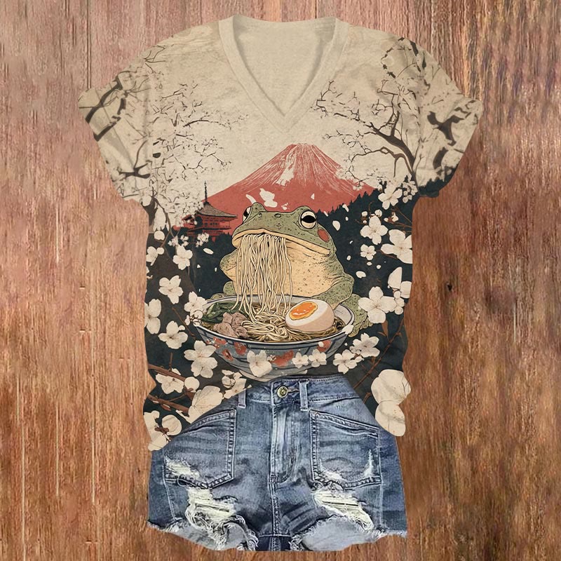 Frog Eating Ramen Art Print V-neck T-shirt - Apricot - US32-34(5XL) - image 1