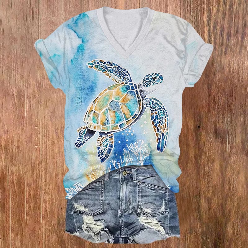 Watercolor Turtle Art Print V-neck T-shirt - White - US32-34(5XL) - image 1