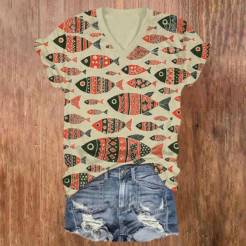 Fish School Art Print V-neck T-shirt - Apricot - US32-34(5XL) - image 1